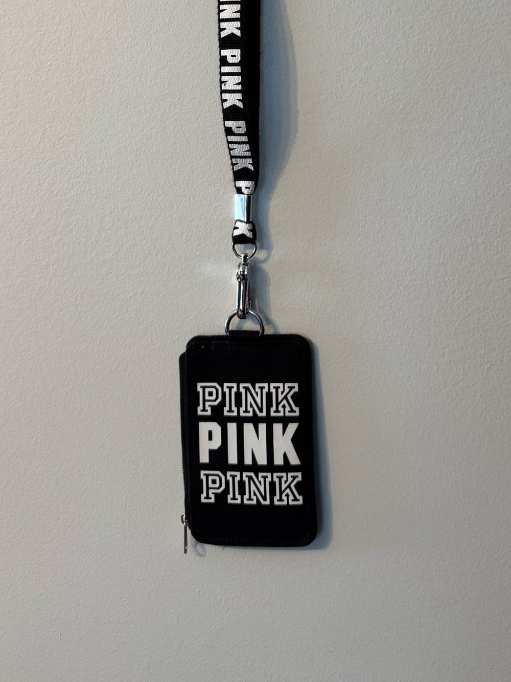New Victorias Secret Pink Rare Black ID Holder Wallet Spellout W/ Lanyard